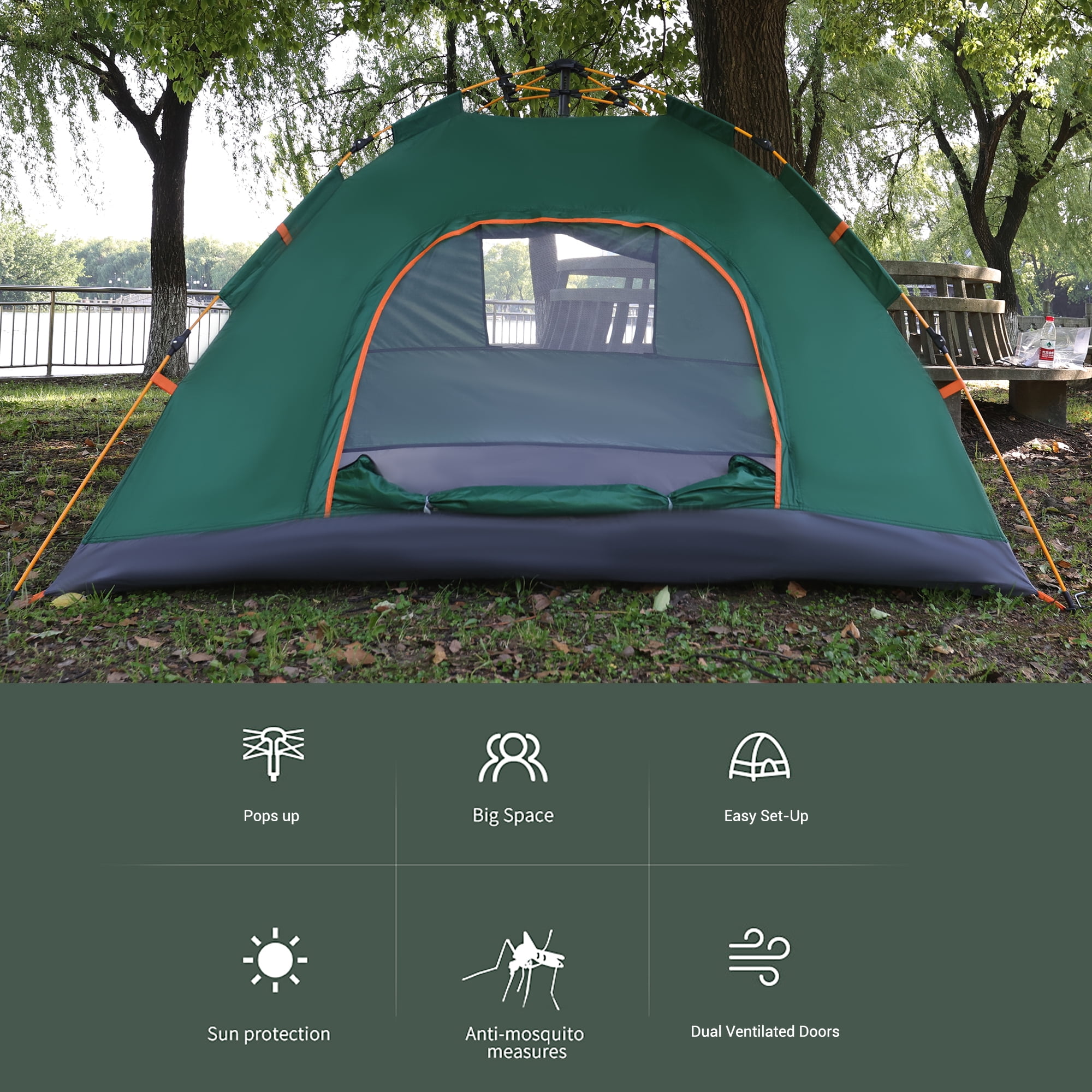 2 Person Instant Camping Tent, Auto Setup Pop Up Tent for Camping/ Hiking/Travel, Green
