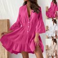 thumbnail image 2 of PADFRYBK Fall Dresses For Women V-Neck Button Up Dresses Long Sleeved Flared Dress Solid Color Mini Dress, 2 of 9