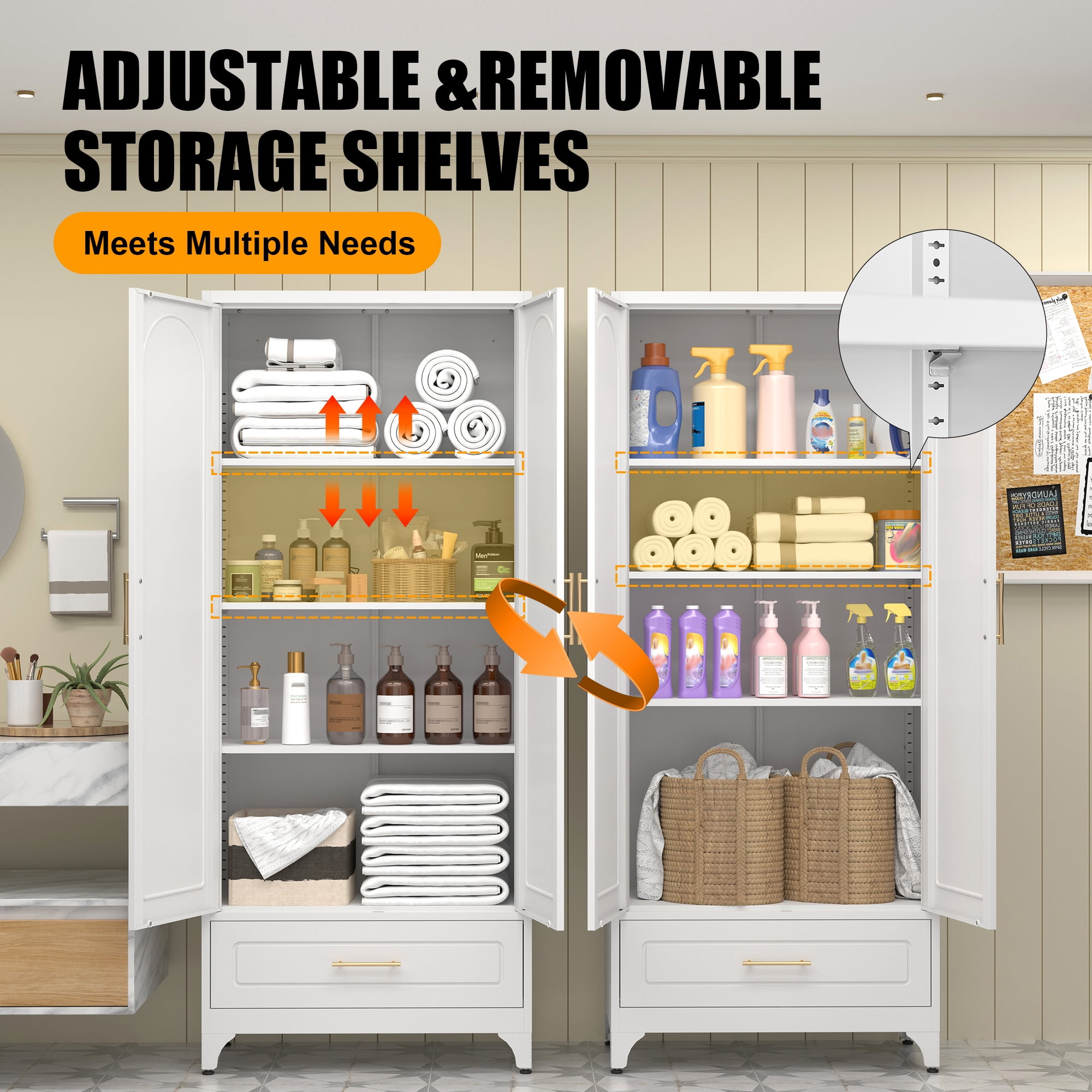 Polup 75" H White Kitchen Pantry Storage Cabinets with Drawers, Doors and Shelves, Steel Large Cupboard