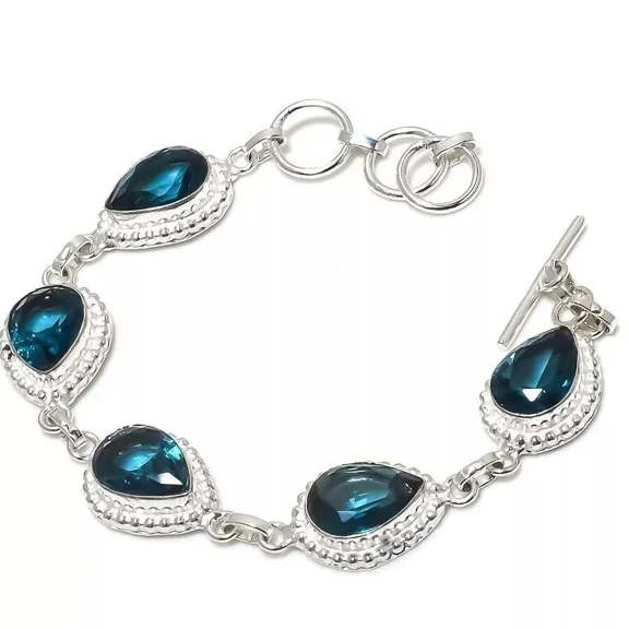 925 Sterling Silver London Blue Topaz Gemstone Jewelry Handmade Chain Bracelet
