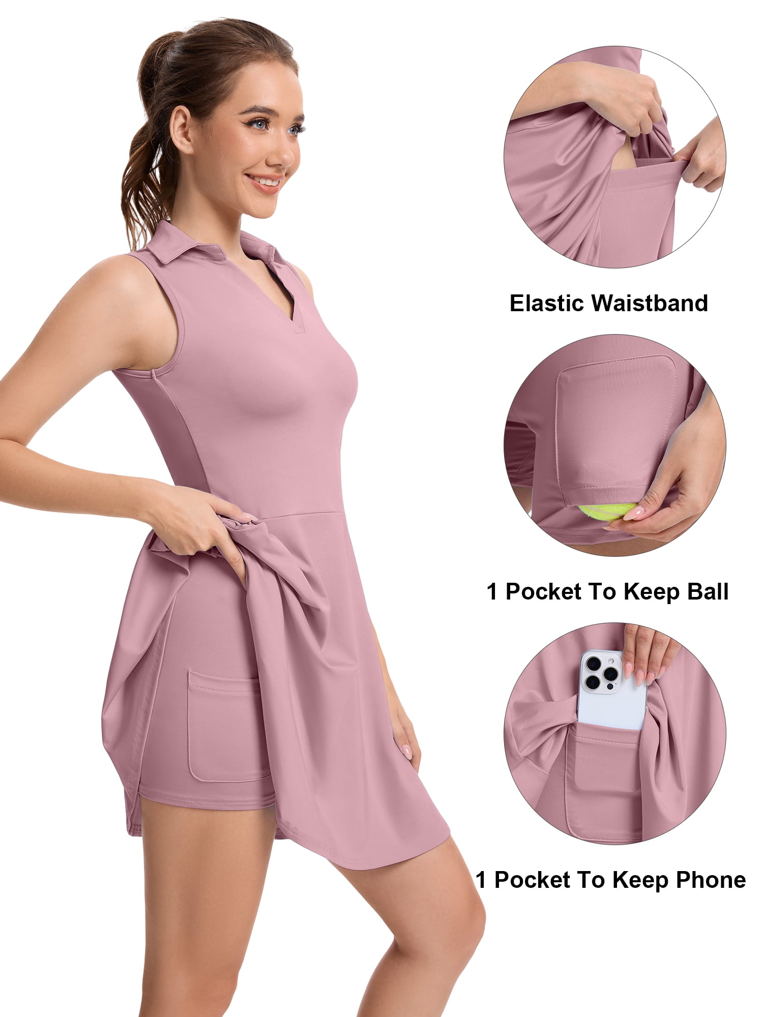 Hanerdun Womens Tennis Dress with Shorts Pockets Sleeveless Athletic Golf Dress Workout Activewear Pink XL