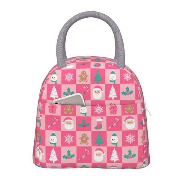 Fotbe Pink Christmas Cheer Bolsa de Almuerzo con Estampado, Lonchera Aislada, Contenedor de Comida Reutilizable Tipo Cooler a Prueba de Fugas