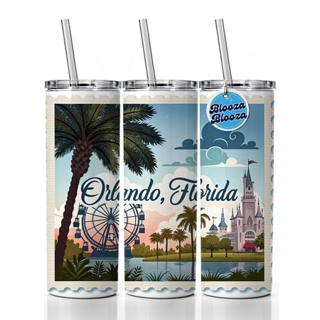 Orlando, Florida FL Travel City State Stamp 20oz Insulated Water Bottle Skinny Tumbler Includes Straw
