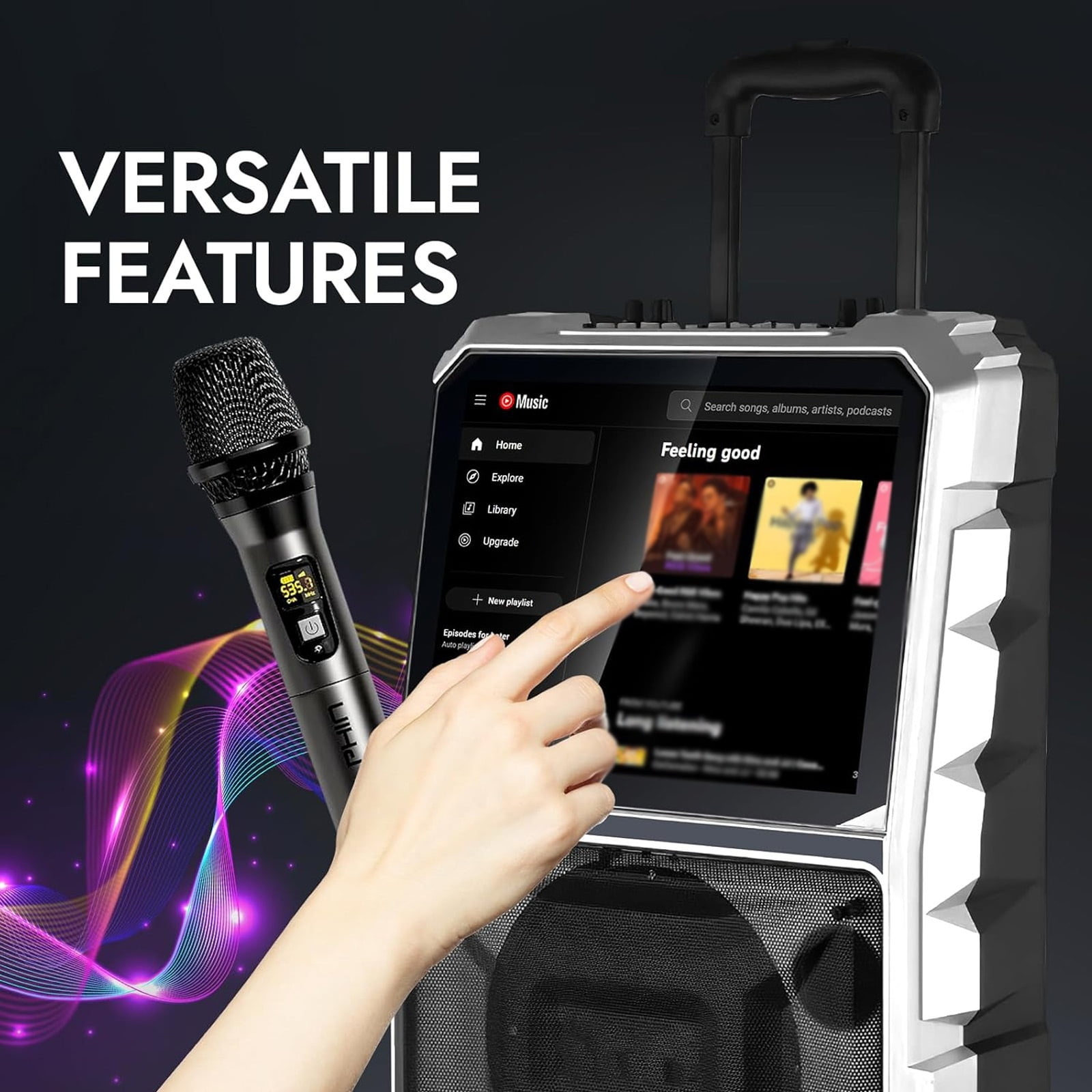 Lohoms Portable Karaoke Machine with Lyrics Display Screen, 8" Subwoofer, Built-in Tablet, Rechargeable Wireless Speaker with One Mics & DJ Lights, Gift for Adults, Family & Holiday Parties