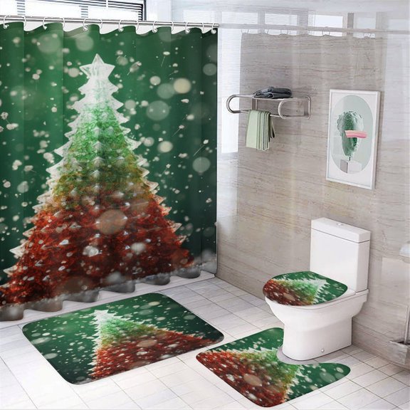 Christmas Snowman Snow House 4Pcs Shower Curtain Set Shower Curtain Set with Carpet Bath Mat