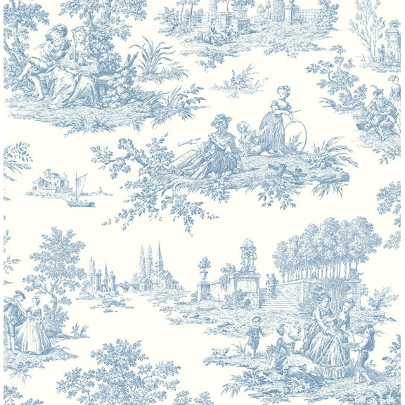 Seabrook Designs Blue Bell Chateau Toile Prepasted Wallpaper