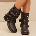 thumbnail image 6 of hopeusnice Women Mid Calf Slouch Boots With Double Buckle Straps Low Heel Leather Upper For Edgy And Casual Style Brown 41, 6 of 9