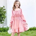 thumbnail image 2 of mgoYE Flower Girl Dress Girls Dress Long Sleeve Square Neck Mini Dress Ruched Waist A Line Casual Special Party Dresses(Pink,9-10 Years), 2 of 9