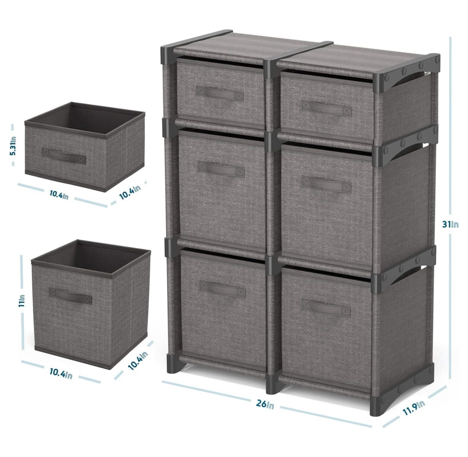 6 Cube Storage Organizer - Gray Cube Organizer Shelf, DIY Storage Cubes Organizer Shelves with Fabric Storage Cubes, Sturdy Cubbies Storage Shelves, Cube Storage Shelf for Bedroom, Playroom and More