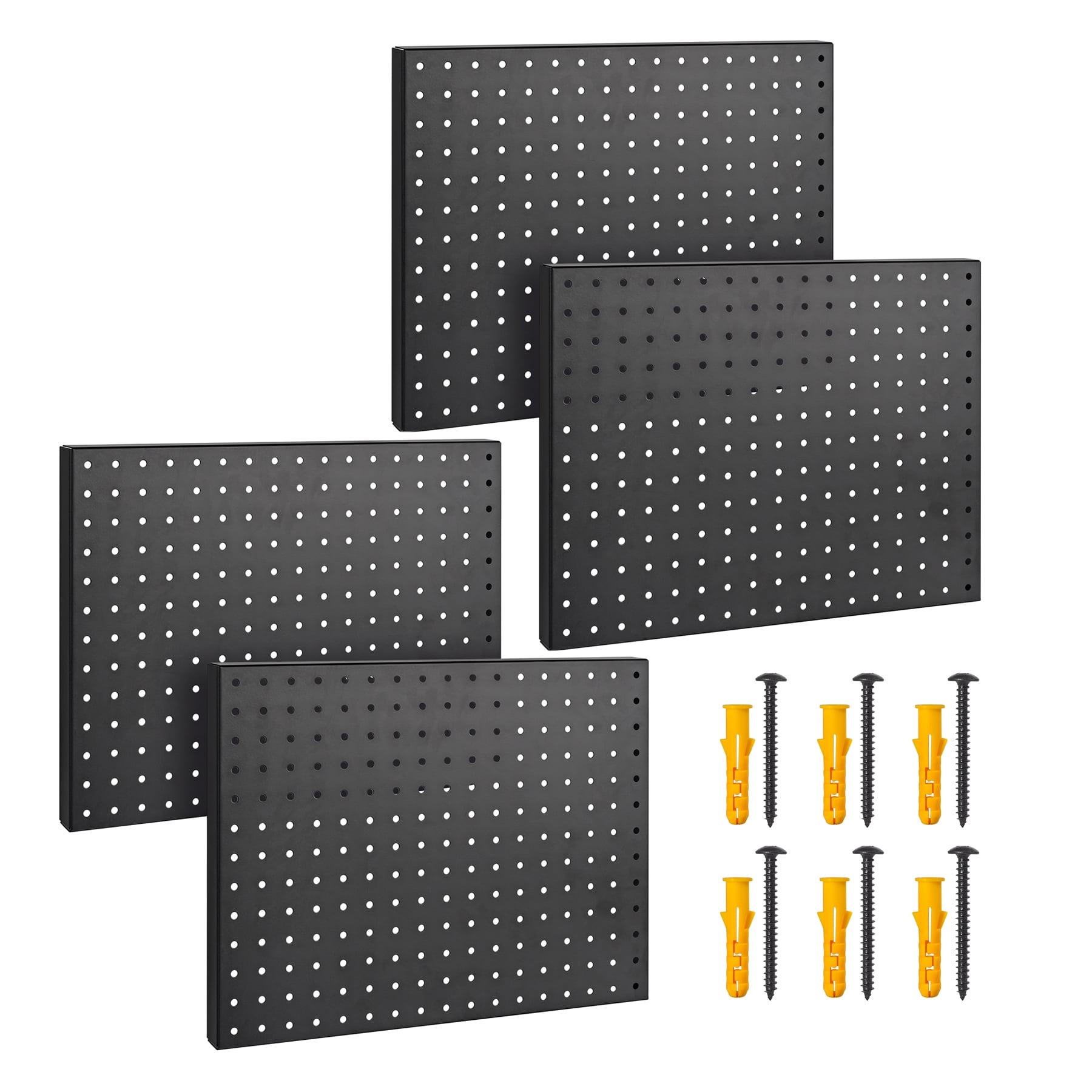 Heavy Duty Metal Pegboard Organizer - Wall Storage Steel Peg Board Panels Set 1/4 inch Round Holes 17"x13" 4 Pack Garage Craft Tool Display Hanging Rack Organization Black Kit with Mounting Hardware