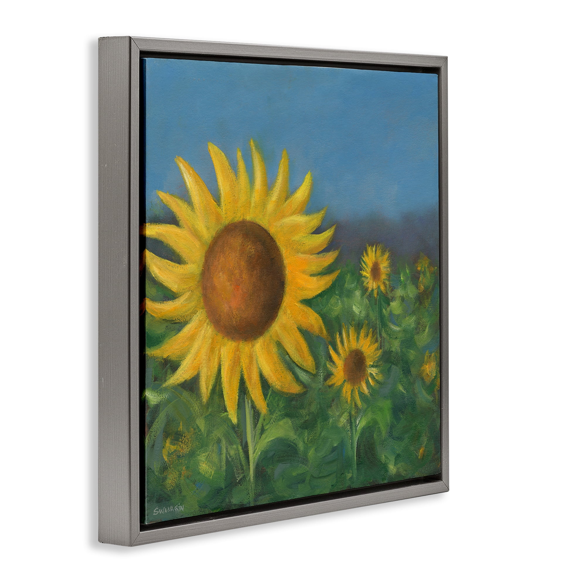 Stupell Industries Mellow Sunflower Garden Botanical & Floral Painting Gray Floater Framed Art Print Wall Art, 18 x 18