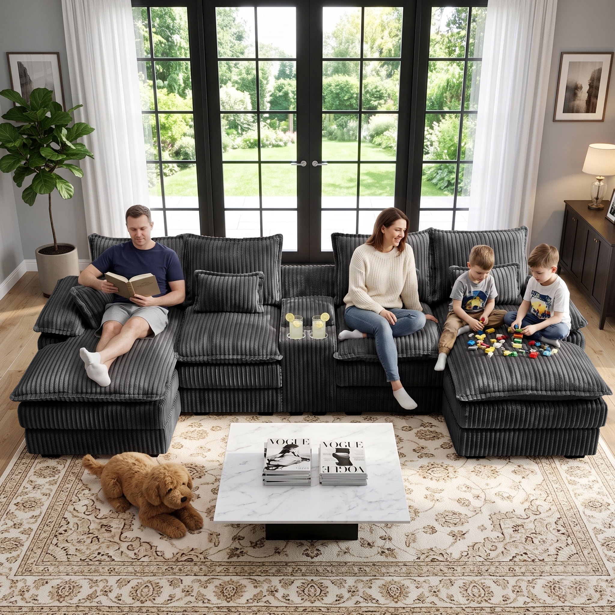 Wakefit 125" U Shaped Sectional Couch, Oversized Modular Sectional Sofa, 5 Seater Corduroy Cloud Couch with Hidden Storage, USB Ports & Cup Holders for Living Room, Dark Gray