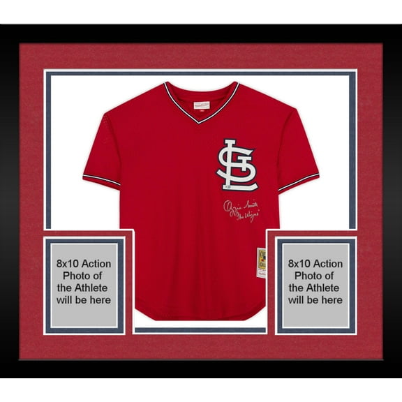 Framed Ozzie Smith St. Louis Cardinals Autographed Scarlett Mitchell & Ness Batting Practice Jersey with "The Wizard" Inscription - Signed in Silver on Front - Fanatics Authentic Certified