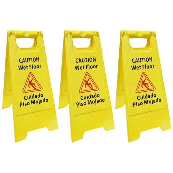 3 Pack CAUTION Wet Floor Signs Bilingual (Cuidado Piso Mojado), 2 Feet Tall