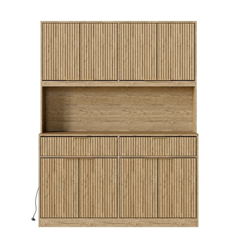 71" Tall Kitchen Pantry Cabinet with Power Outlet and Open Countertop, Modern Multi-Functional Storage Hutch Cabinet for Dining Room, Entryway and Living Room, Natural