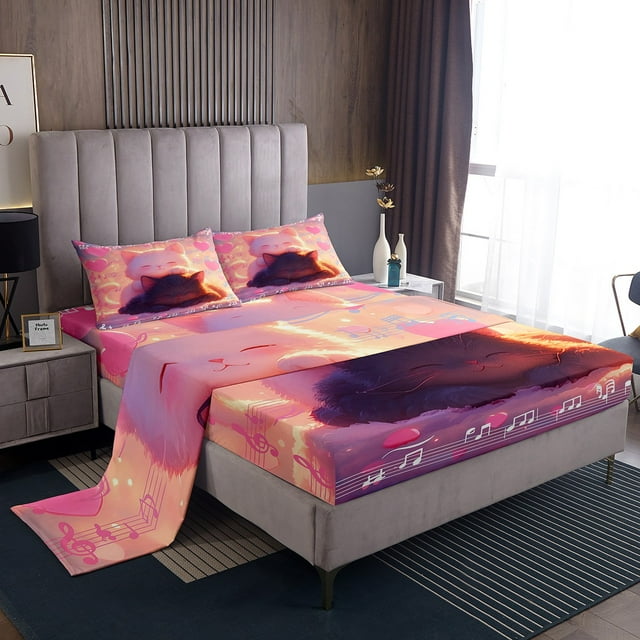 Ensemble de Draps pour Enfants Motif Chat Mignon Format Simple pour les Amoureux des Chats, Ensemble de Draps à Imprimé Notes de Musique pour Garçons Filles Adorable Dessin Animé Chat Drap-Housse, Drap Plat à Thème Romantique Rose Kawaii Ensemble de Literie Chat de Compagnie