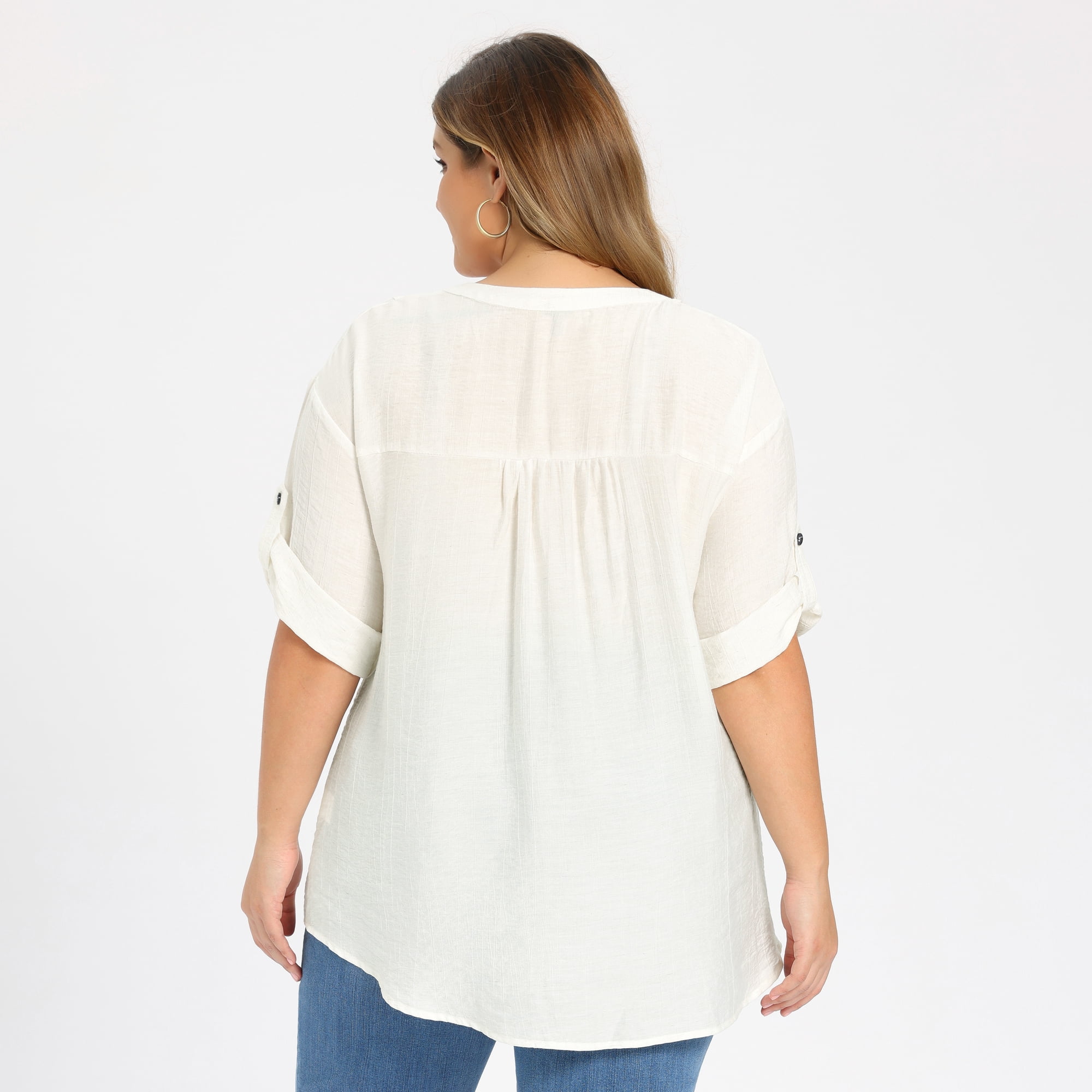 DARING DIVA Women's Plus Notch V Neck 3/4 Sleeve Pleated Textured Dressy Button Shirts 4X White