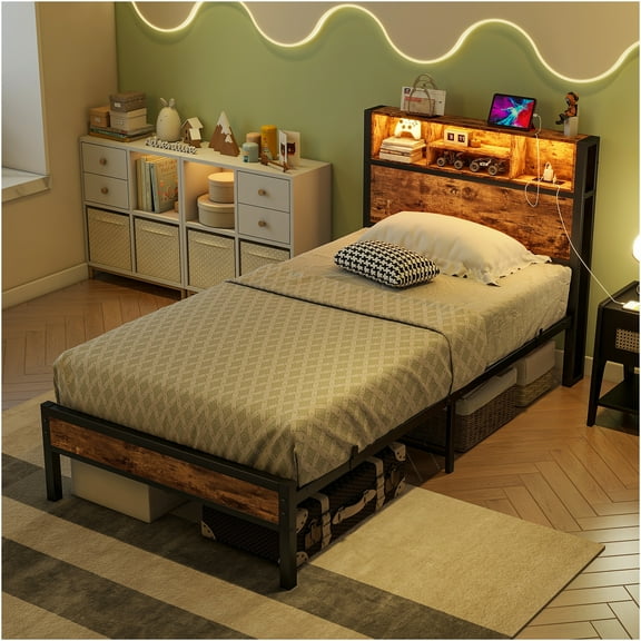 JERFIT Twin Size Bed Frame with RGB LED Headboard, USB Charging Station, Storage Bookcase & Platform Base, Noise Free, Easy Assembly, Brown