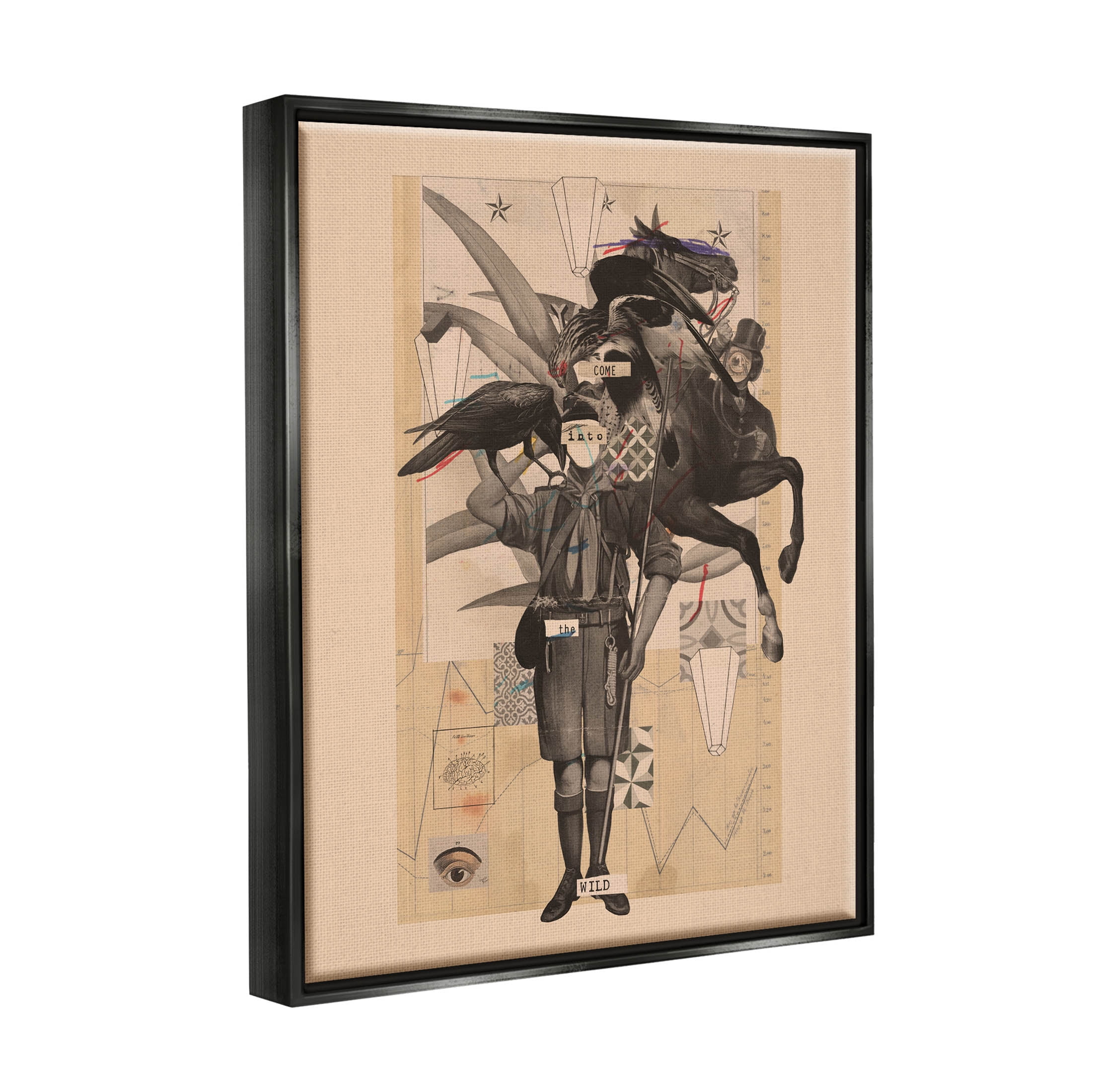 Stupell Industries Abstract Vintage Horse Text Collage Graphic Art Jet Black Floating Framed Canvas Print Wall Art, Design by Matheus Lopes Castro