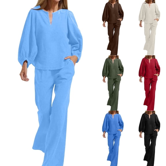Womens Casual Two-Piece Outfit V-Neck Long Sleeve Top High Waist Straight Leg Pants with Pockets Cotton Linen Set Light Blue XL(XL)