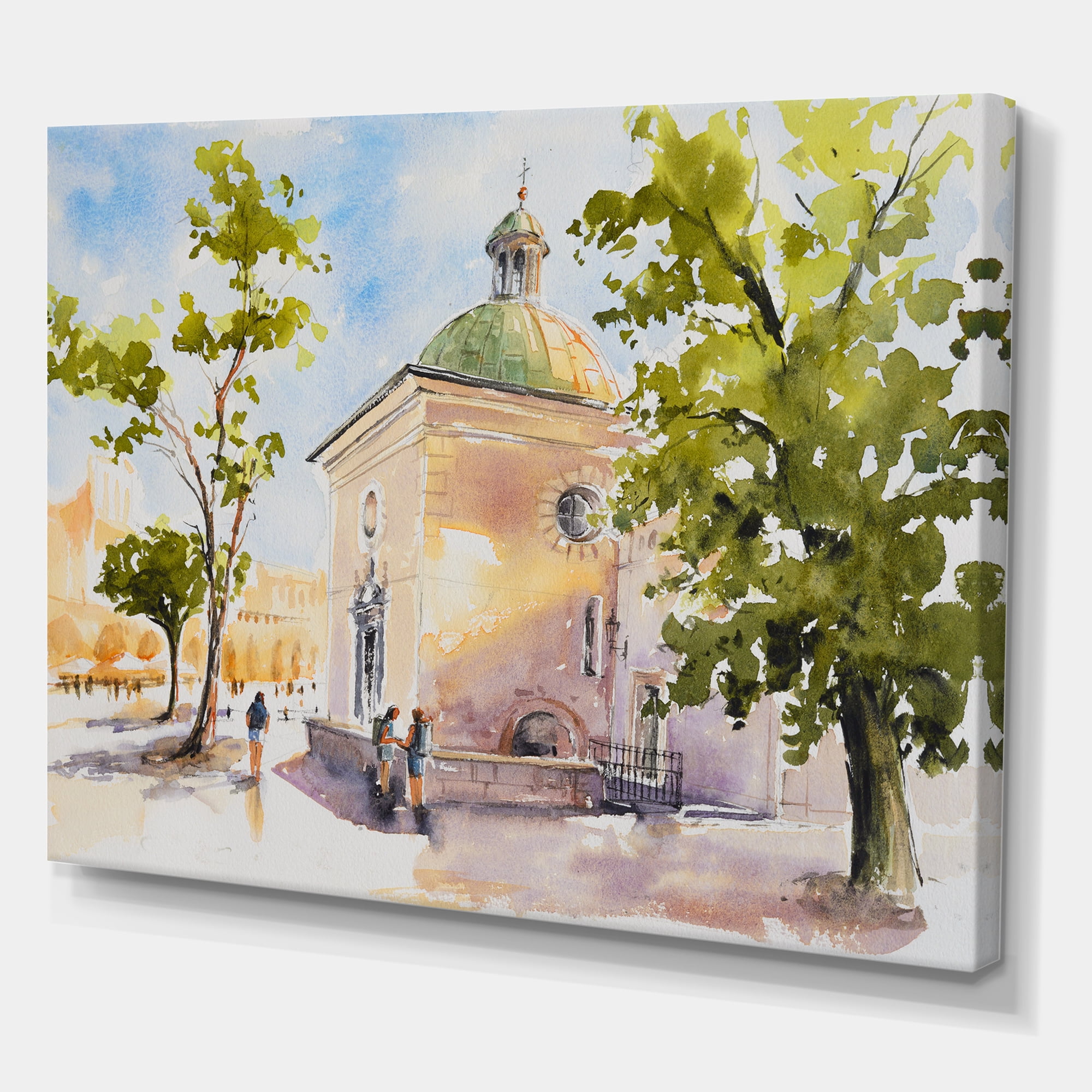 People At Rustic Church In The Village 8 in x 12 in Painting Canvas Art Print, by Designart