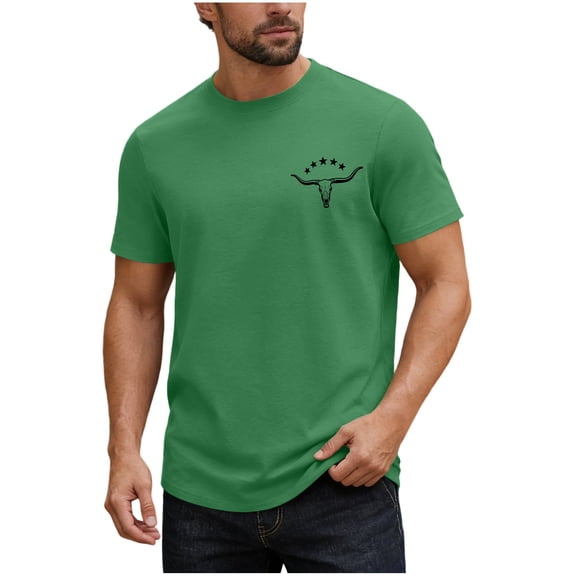Timoontee Men's Short Sleeve Shirt Round Neck 100% Cotton Printed Loose Fit Soft Comfortable Spring Summer Relaxed Fit Green L