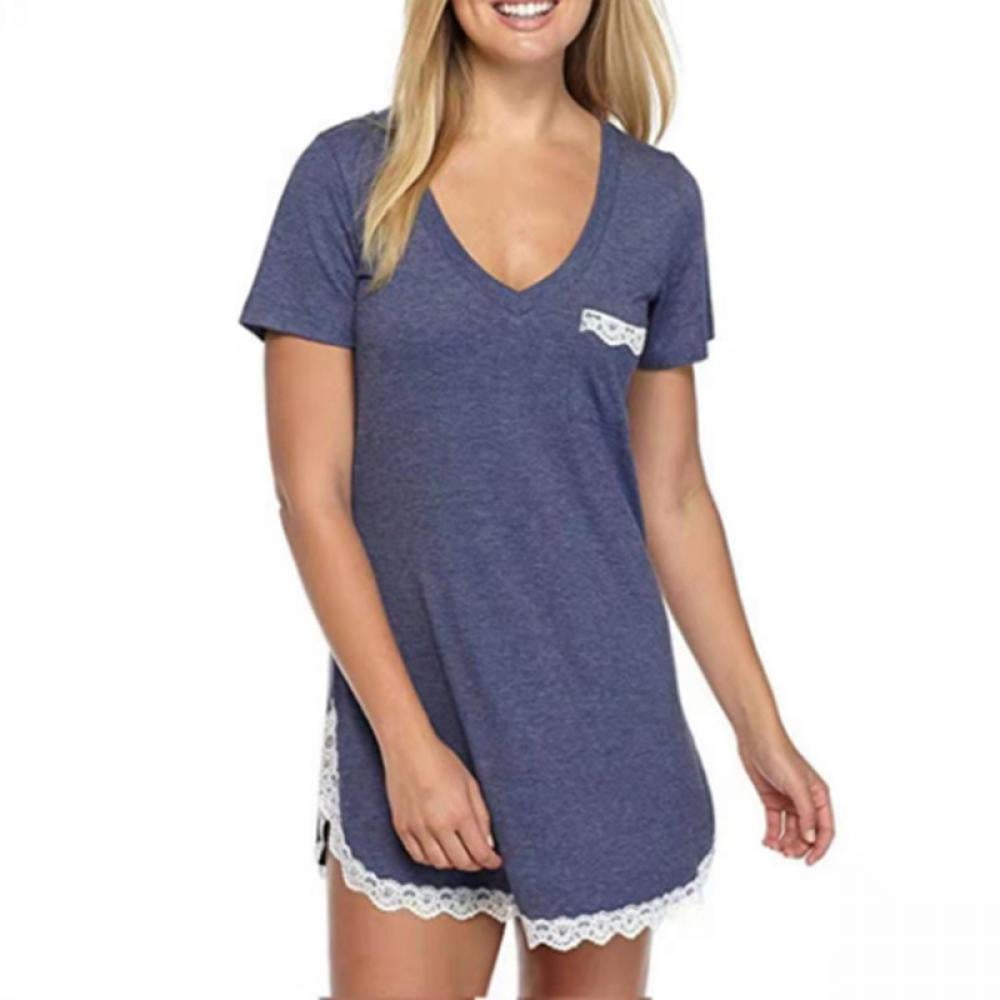 S-XXL Ekouaer Sleepwear Womens Nightgown Sleep Shirt Dress V Neck 3/4 Sleeve Lace Trim Soft Nightshirt