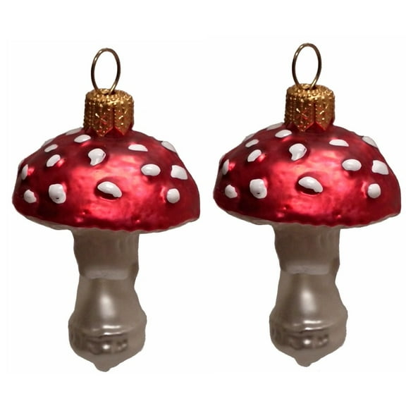 Red Toadstool Mushrooms Polish Glass Christmas Ornament Set of 2 Decorations