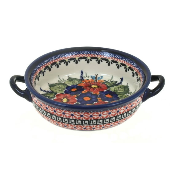 Blue Rose Polish Pottery Floral Butterfly Small Baker with Handles