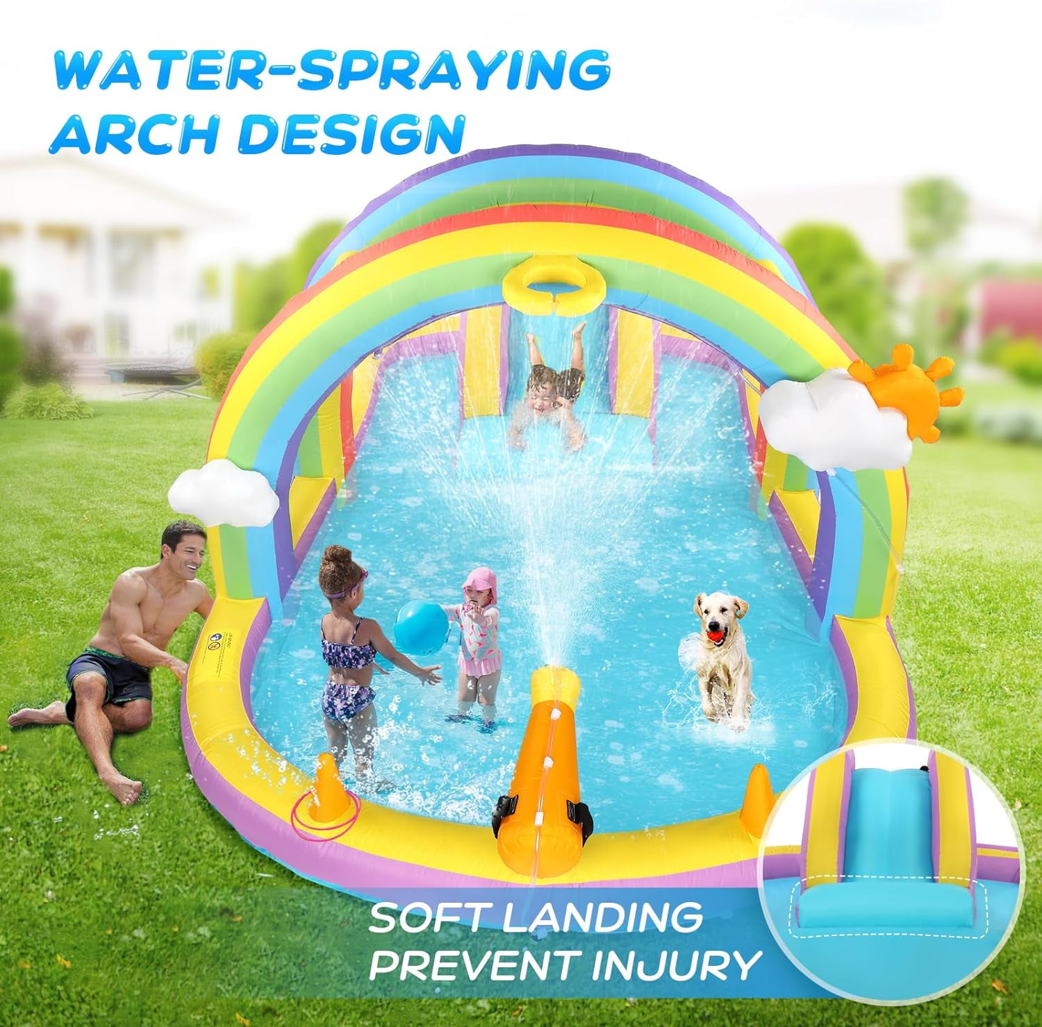 (2024 New) JOYMOR Inflatable Water Slide with Blower, Inflatable Kids Water Slide with Climbing Wall, Water Cannon, Splash Pool, Blow Up Water Slide for Kids Backyard Summer Party (Rainbow Style)