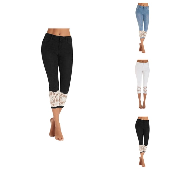 Capri Jeggings for Women Summer High Waisted Hollow out Lace Hem Cropped Jean Leggings Capris Yoga Pants