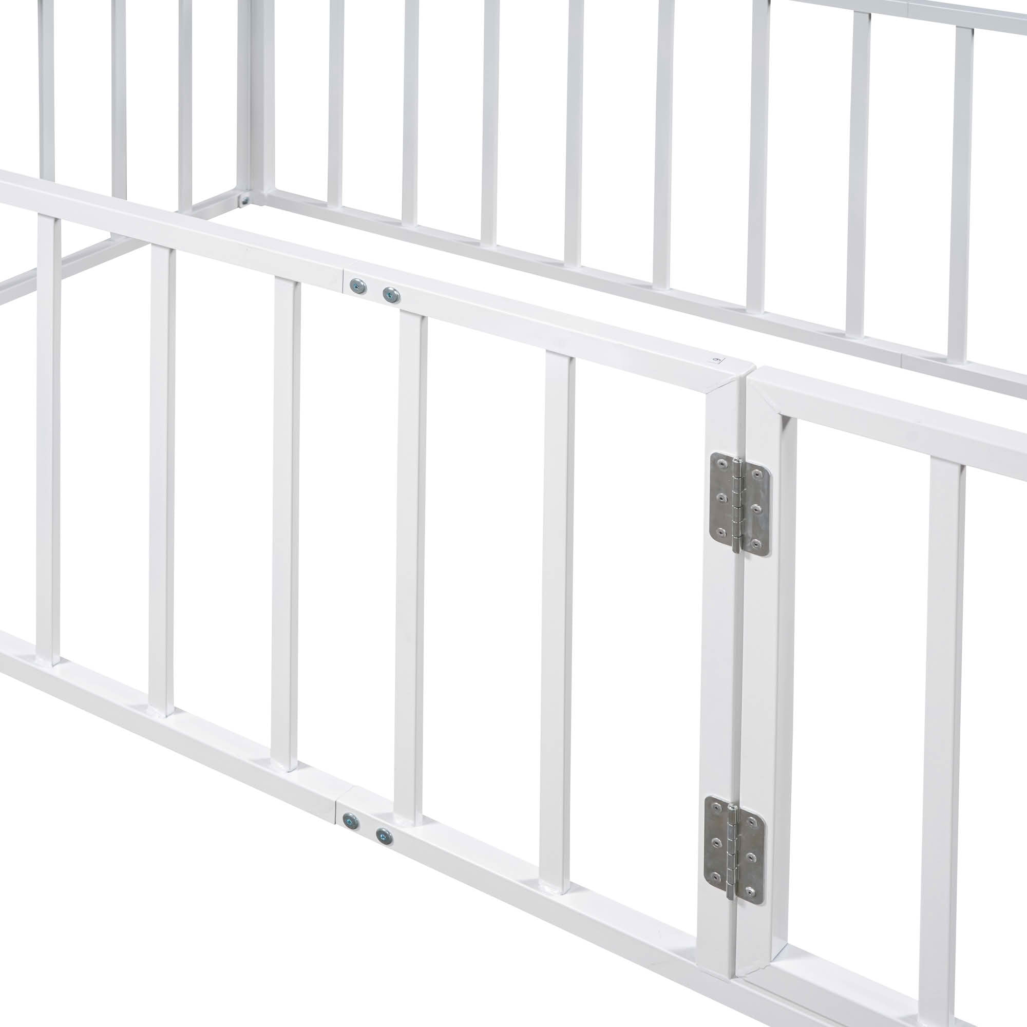 MAYEERTY Metal Floor Bed Frame with Fence and Openable Door Kids Play and Sleep Space