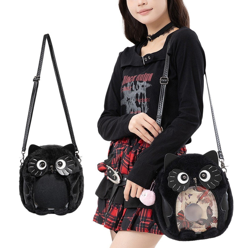 Hzzsbu Black Owl Plush Ita Bag Clear Pin Display Crossbody
