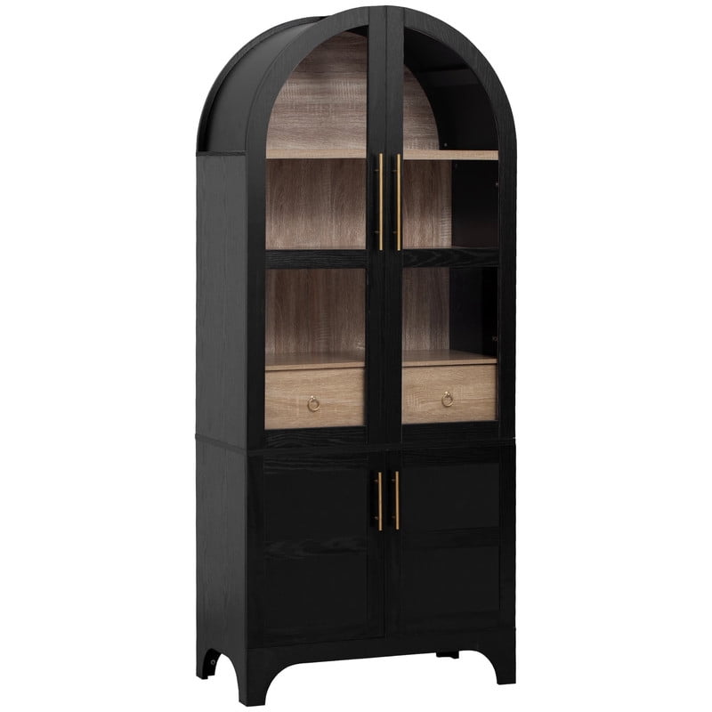 Arched Kitchen Pantry Cabinet with Door Shelves, 71" Tall Kitchen Storage Cabinet with Open & Adjustable Shelves, Freestanding Kitchen Cupboard with Hidden Drawer & Glass Door