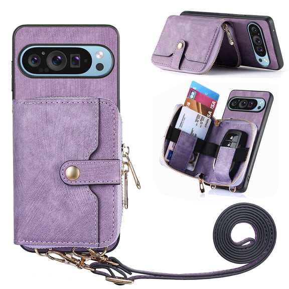 for Google Pixel 10 Pro XL Wallet Case, PU Leather Case with Back Card Holder Kickstand,Magnetic Button Flip Folio Shockproof Zipper Crossbody Strap Purse Phone Case for Google Pixel 10 Pro XL,Purple