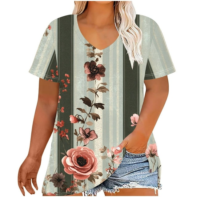 XMMSWDLA Hauts pour Femmes Imprimé Blouses de Vacances pour Femmes Manches Courtes Col en V avec Poches Blanc Hauts d'Été pour Femmes