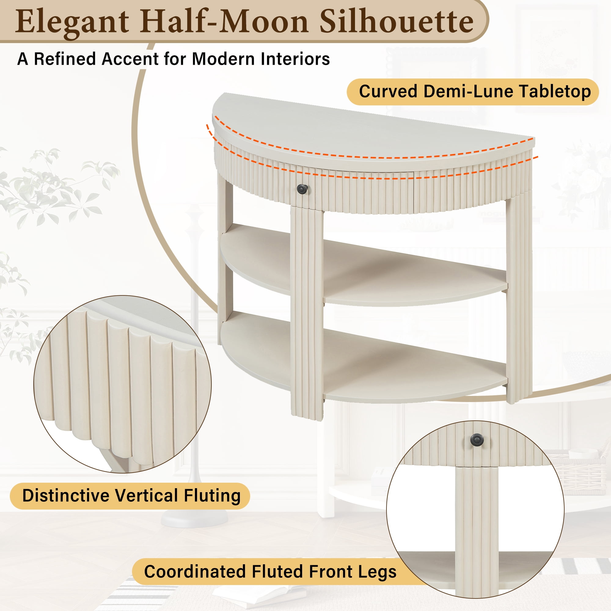 Euroco Fluted Half Moon Console Table with 1-Drawer, 3 Tier Entryway Table with Open Storage Shelves for Living Room, Hallway, Foyer,Cream
