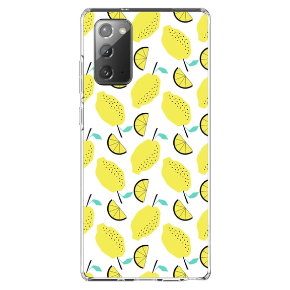 DistinctInk Clear Shockproof Hybrid Case for Samsung Galaxy Note 20 (6.7" Screen) - TPU Bumper, Acrylic Back, Tempered Glass Screen Protector - Summer Graphics - Lemon Pattern - Lemonade
