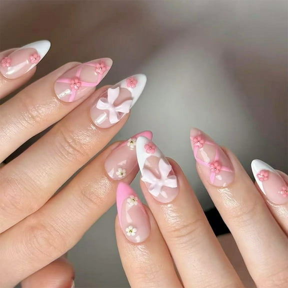 KUFptva Almond Press on Nails Glossy Fake Nails Stick on Nails in 12 Sizes 24Pcs French Nails Tips for DIYS Nails Decorations