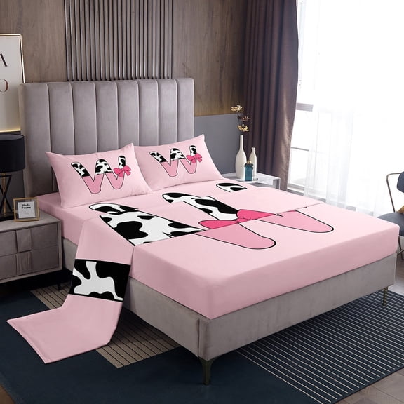 Erosebridal Monogrammed Letter Sheet Set Twin,Cattle Print Bedding Sets Twin Size,Breathable Bed Sheets Twin,Pink Bow Tie Decoration,3pcs