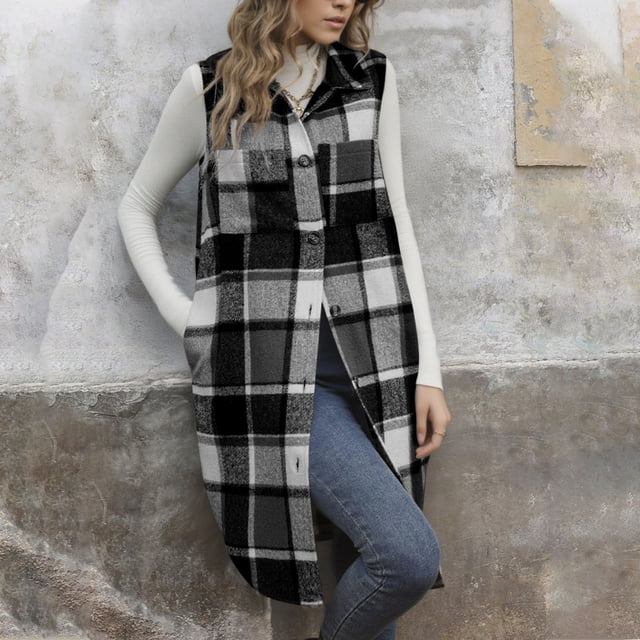 Neewe Women's Plaid Lapel Sleeveless Tank Tops Sweater Button Down Shirts Casual Long Vest for Ladies