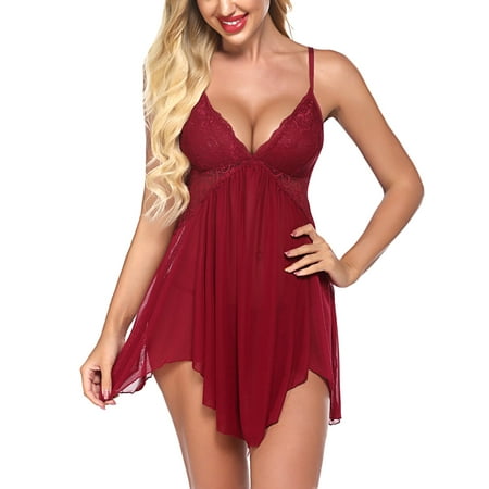 Avidlove Womens Sexy Lingerie Lace Ruffle V Neck Sleepwear Strap Chemise (Wine red XL)