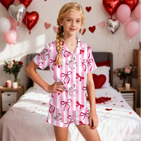 ZHOGXU Big Kids Girls Pajama Sets Short Sleeve Lapel Buttons Striped Bow Print Top And Shorts Sleepwear Comfortable Two Piece Outfits For Daily Wear Hot Pink 2-3 Years