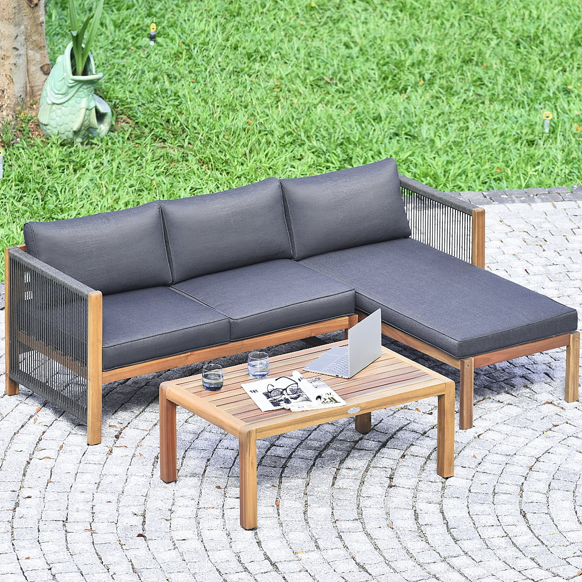 Patiojoy 3 Pieces Patio Wooden Conversation Set w/cushions Outdoor