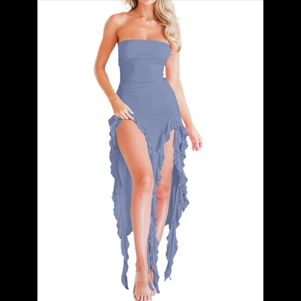 Vestido de Fiesta Elegante de Verano para Mujer, Sin Tirantes, Tubo, Midi, Ajustado, con Volantes Irregulares y Borlas Azul M