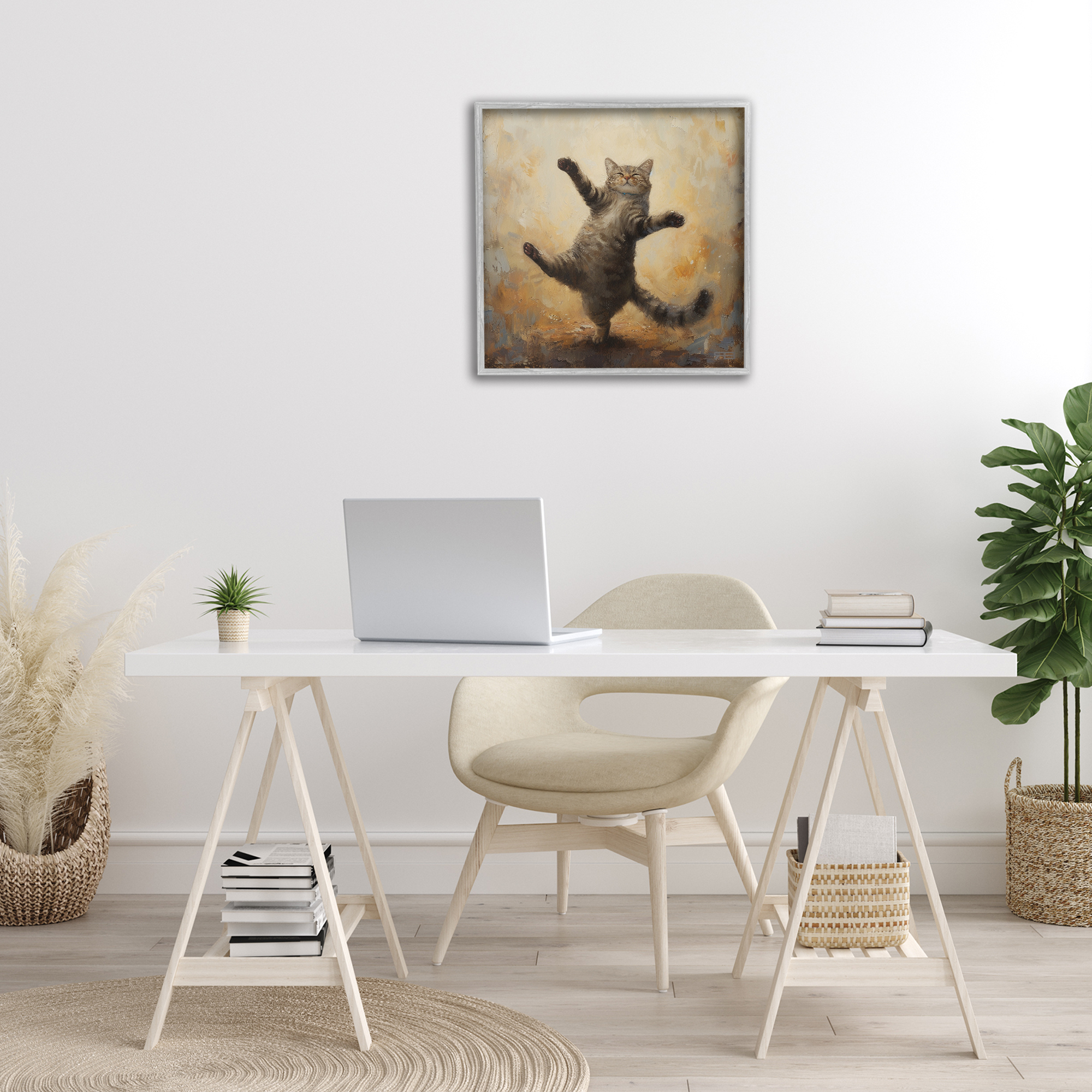 Stupell Industries Dancing Tabby Cat Animals & Insects Painting Gray Framed Art Print Wall Art, 24 x 24