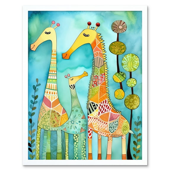 Folk Art Giraffes Fun Cute Kids Bedroom Painting Art Print Framed Poster Wall Decor 12x16 inch