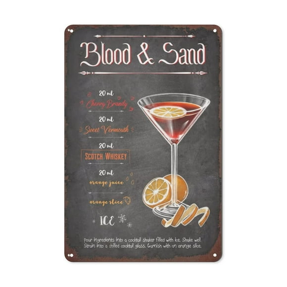 Cocktail Tin Sign, Vintage Cocktail Recipes Metal Sign, Bar Signs for Home Bar Wall Decor 12 X 8 Inch - Blood and Sand