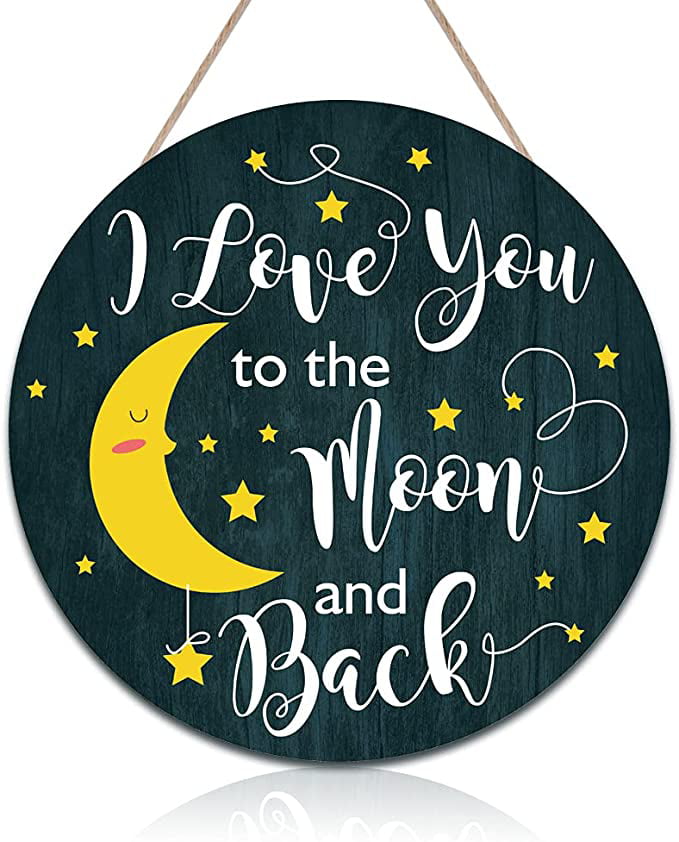CHDITB Love You To The Moon And Back Wood Sign Wall Decor 12''x12'' Family Love Words Wood Art Plaque for Children Wife Bedroom Nursery Moon Star Wooden Door Hanging Art 