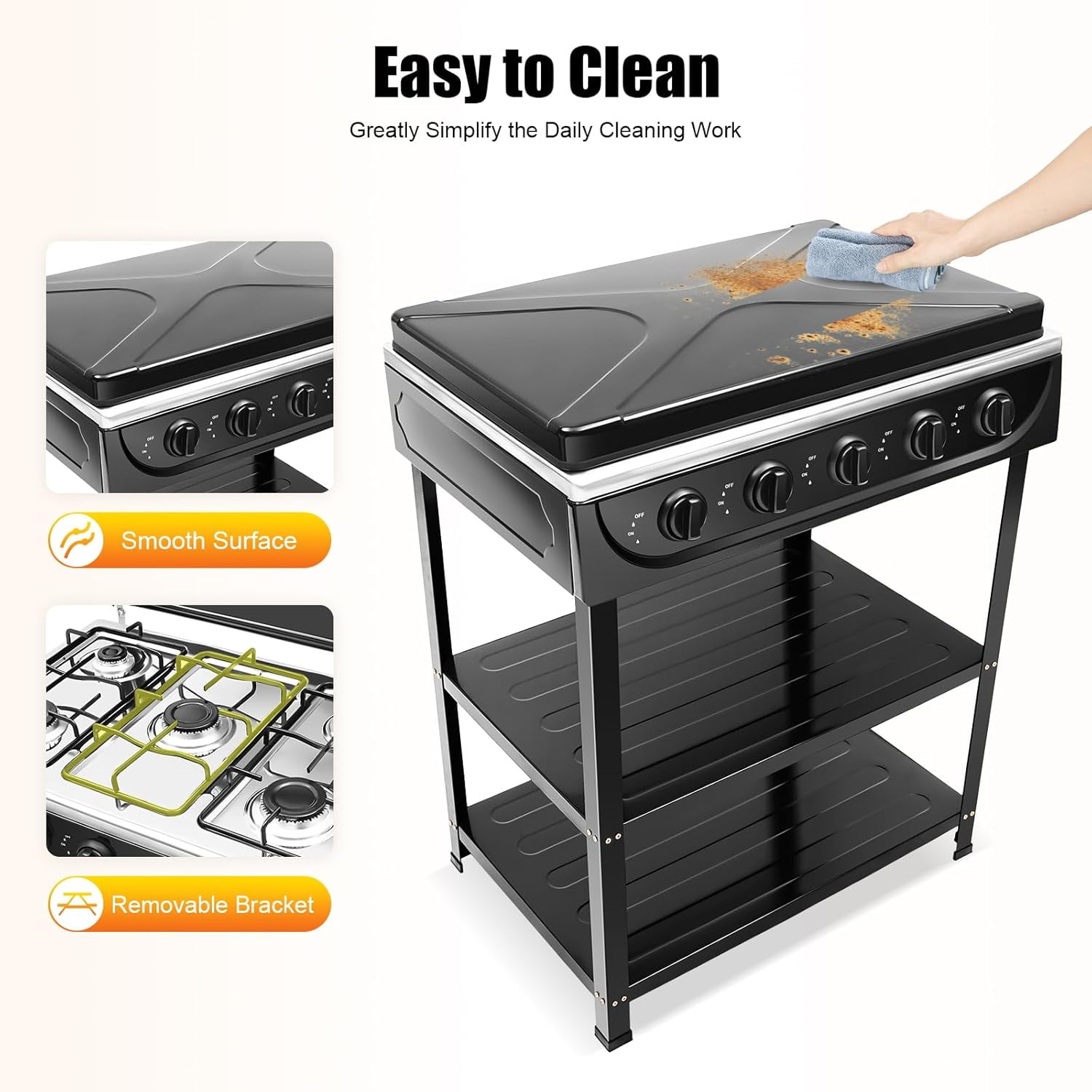 5 Burner Propane Gas Stove with Support Leg Stand and Wind Blocking Cover, Manual Ignition Camping Stove for Outdoor Cooking, RV Travel（Black）